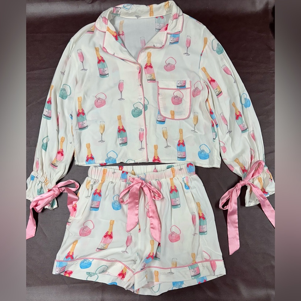 Champagne Print Small Pajama Set with Ruffle Sleeves and Pink Ribbon Accents